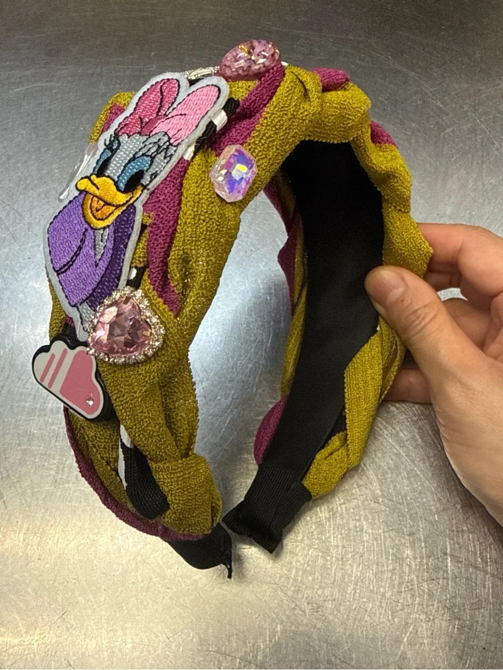 Daisy Character Embroidered Pink & Purple Headband with Olive Trim